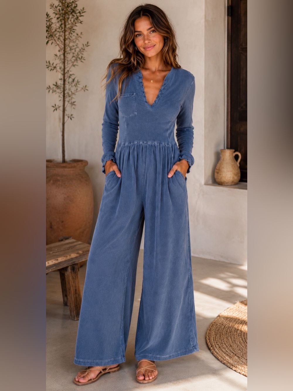 Free People Movement XS Blue Washed Thermal Wide Leg Romper
